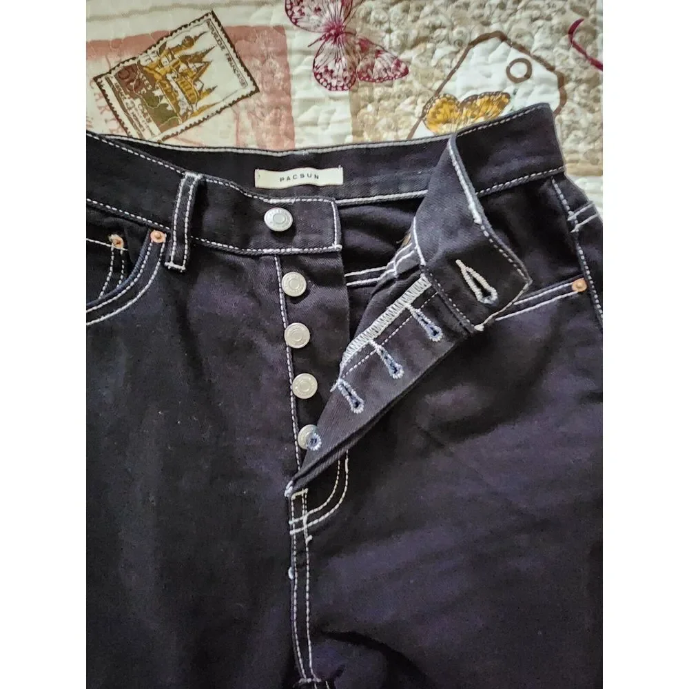 PACSUN Dad Fit Jeans Womens Black Denim High Rise Straight Leg Cotton Size‎ 25
